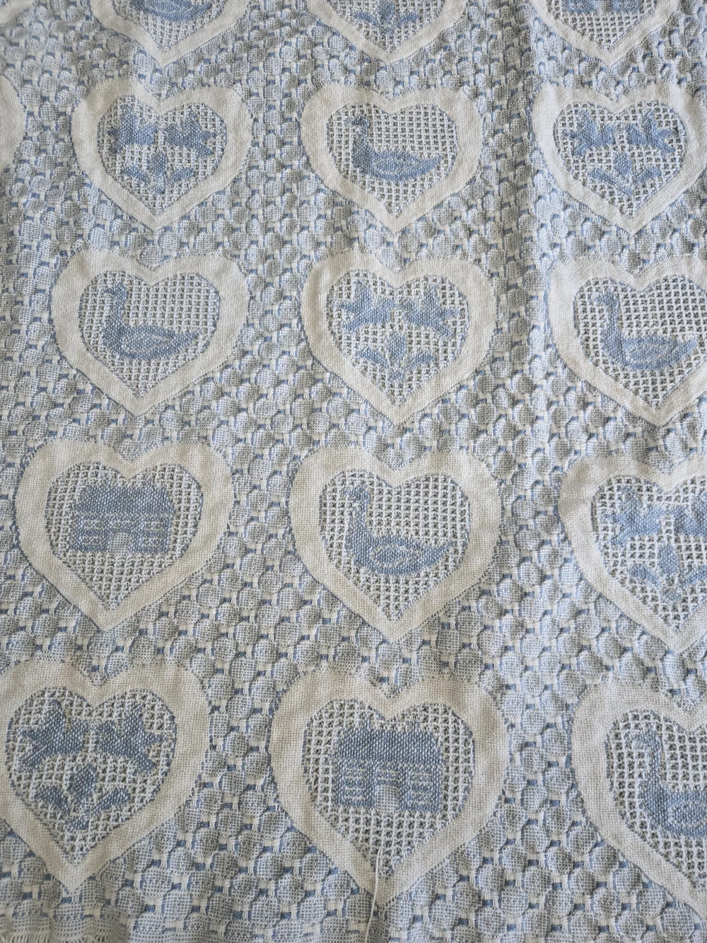 Cottage Core Blue & Cream Reversible Cotton Throw Afghan Blanket Ducks Doves